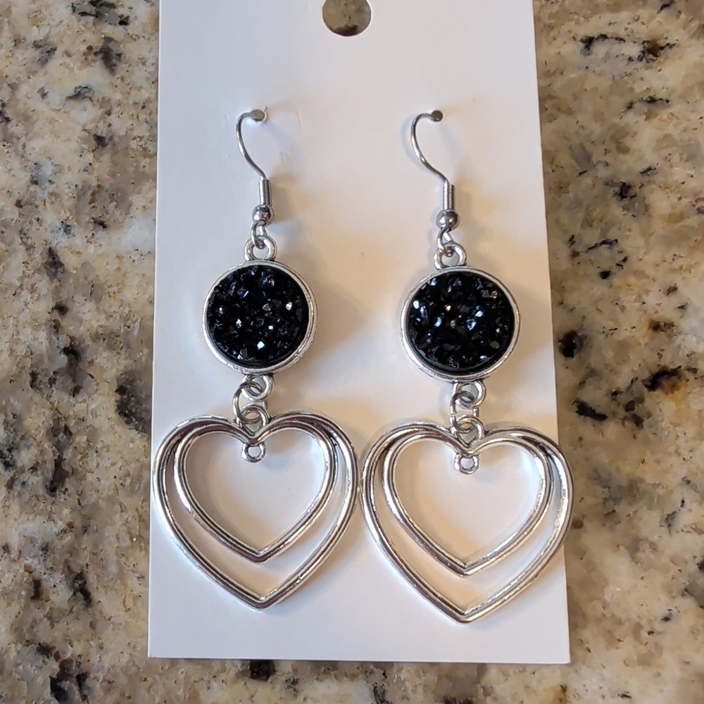 Silver Heart Dangle Earrings with Black Accents
